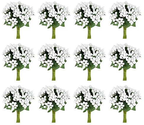 BETESSIN 144Stk. Künstliche Blumen Staubblätter zum Basteln Kunstblumen Klein Deko Blumen Staubblatt mit Blätter Blütenstempel Stoffblumen für Hochzeit Party Einladung Gastgeschenk Weiß