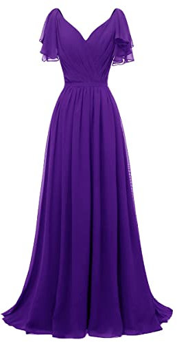 Abito da damigella d'onore con maniche a volant in chiffon increspato abito da sera formale per le donne, Viola, 52
