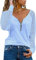 Teesho Damen Tshirt V Ausschnitt Langarmshirt Casual Oberteile Elegant Streifen Mesh Bluse Baumwolle Shirt Tops Tunika (Hellblau/M)