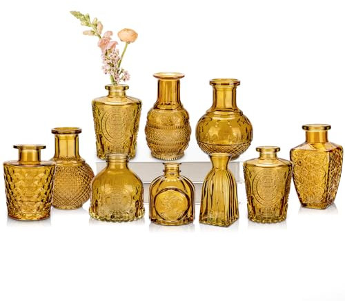 Oairse Glass Bud Vases Set of 10 Amber Glass Vase for Flowers Mini Vintage Bottle Vases for Floral Arrangements Decorative Small Vases in Bulk for Wedding Centerpieces Table Decoration Home Table