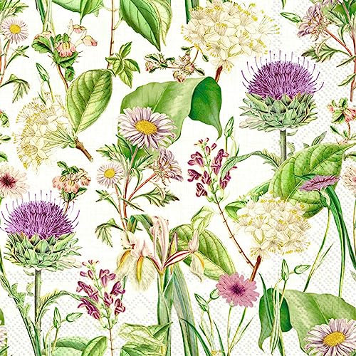 Wildflower Cocktail-Servietten, 3-lagig, 40 Stück, lila, rosa und weiß, Blumenmuster auf cremefarbenem Hintergrund, 2 Packungen mit 20 Stück
