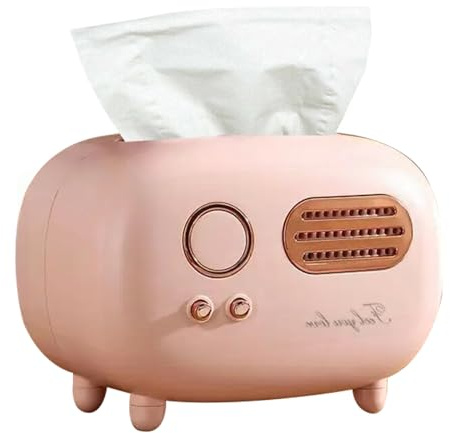 Tissting Tissue Box Cover Retro Radio Shape Pink Plastic Rectangular Tissue Box Holder 7.6 Inch Vintage Napkin Dispenser for Home Hotel Office