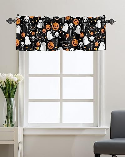 Cartoon Volants Vorhang für Küche Café, Halloween Kürbisse Geist und Skelett Katze Fenster Volant Kurze Vorhänge 106,7 x 45,7 cm Stangentaschenfenster Behandlung Drapierung für Wohnzimmer Schlafzimmer