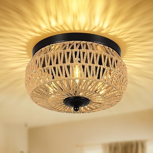 Rayofly Rattan Deckenlampe Hängend, Boho Deckenleuchte mit Rattan Lampenschirm, Vintage Deckenlampe Bambus, Rustikal Hängelampe Wohnzimmer, Schwarz Boho Korb Lampe für Schlafzimmer Küche Flur Esstisch