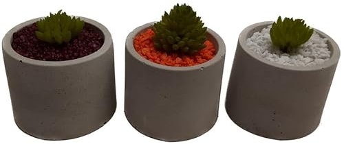 Übertopf 3er Set klein Beton grau mit Gratis Kies und Kunstpflanze Sukkulente Handmade Deutschland (Aubergine, Türkis und Rosa)
