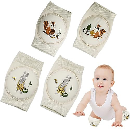 Kinretixia® 2-Paare Baby Knieschutz Krabbelsocken, Mesh atmungsaktive Kinder Knieschutz Socken, Kaninchenmuster, Eichhörnchenmuster, für 0-4 Jahre, Weiß, Größe L