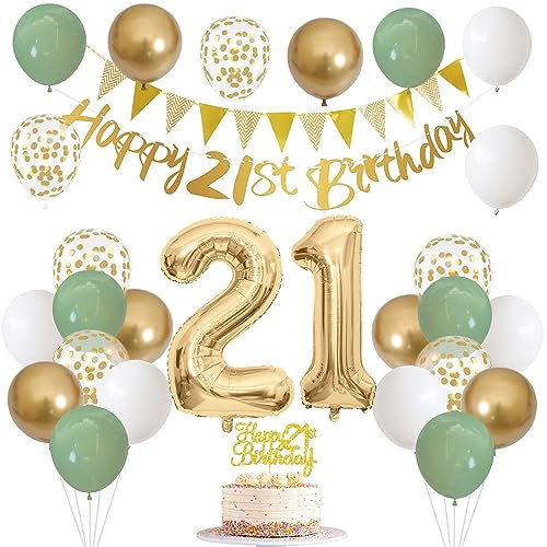 Jobkoo 21st Birthday Decorations Him Her, Happy 21st Birthday Banner w/ Birthday Cake Topper Number 21 Foil Balloon Sage Green White Gold Birthday Balloons Men Women 21 Year Old Party Decoration