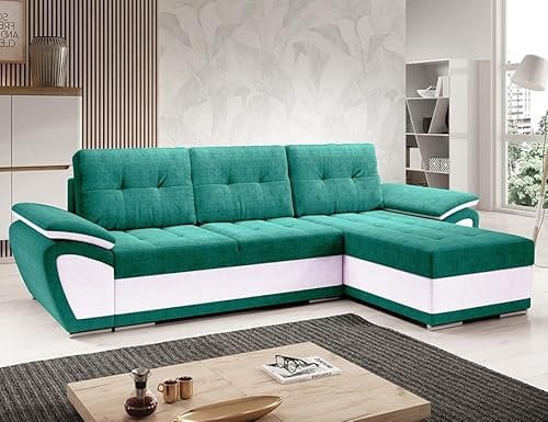 Easy4You ENZO Türkis/Weiß Ecksofa L-Form Rechts 268 x 97 x 157 cm mit Schlaffunktion und Stauraum - Schlafsofa mit Bettkasten - Moderne Wohnzimmermöbel – Stoff: SORO 86 + Soft 17