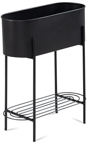 FineBuy Pflanzgefäß Metall 51x65x22 cm Pflanzkübel Schwarz mit Gestell und Ablage, Design Pflanzenkübel Blumenkasten Indoor, Blumenkübel Blumentopf Rechteckig