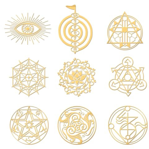 OLYCRAFT 9 Stück 4x4cm Goldene Metallaufkleber Heilige Geometrische Aufkleber Selbstklebende Religion Geheimnis Symbol Aufkleber Goldene Epoxid Aufkleber Für DIY Sammelalben Flaschendekoration