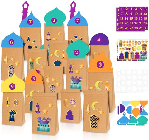 30 Sätze Ramadan Kalender Tüten,DIY Ramadan Kareem Deko Kinder mit Aufkleber,Eid Mubarak Kraftpapiertüte mit Ramadan Stern Mond Burg Aufkleber, Ramadan Deko,Ramadan Kalender Kinder Befüllen