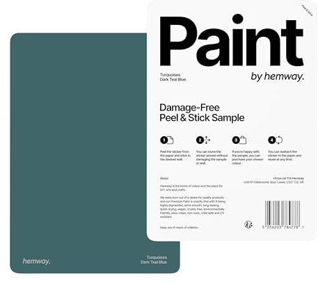 Hemway - Peel & Stick Sample for Our Chalk Based Furniture Matt Paint - Dark Teal Blue | A5 Damage-Free, Accurate Colour Swatch | Test Our Chalky Matt Shabby Chic Finishes for Interior Decor