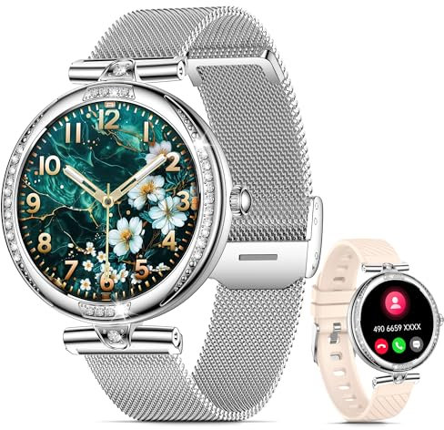 Smartwatch Damen mit Telefonfunktion 1.19 AMOLED Touchscreen IP68 Sportuhr mit Blutdruckmessung Pulsmesser Schlafmonitor SpO2 Menstruationszyklus Diamond Smart Watch für iOS Android (Silber)