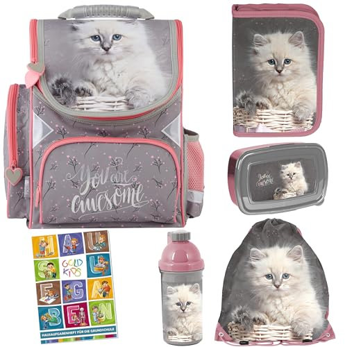 Goldkids - Schulranzen für Jungen und Mädchen, 6er-Set - Schul-Rucksack für Kinder mit Federmäppchen - Schuhbeutel und Hausaufgabenheft - Katze Motiv - 1-3 Klasse