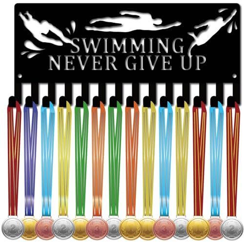 CREATCABIN Porta Medaglie da Nuoto Appendini Espositore per Medaglie Organizzatore Piccolo Mensola in Metallo Nero Cornice in Ferro Medaglie Nastro Display Targhe Appendiabiti A Parete Atleta 29x13cm