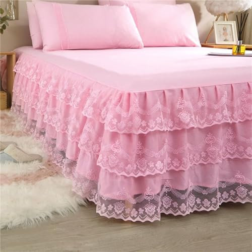Odot Spitzenkanten Design Bettrock mit Rüschen, Solide Farbe Bettvolants Spannbettlaken mit Volant Matratzenschoner Spannbetttücher Weiche Spannbetttuch Bettlaken (Blasses Rosa,150x200cm)