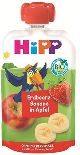 HiPP Bio Quetschie Erdbeere-Banane in Apfel - Theo Tukan (8 x 100g), ab 1 Jahr, 100% Fruchtpüree, ohne Zuckerzusatz, vegan, in bester Bio-Qualität