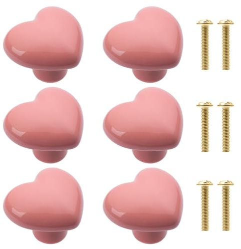 Naseom 6PCS Furniture Knobs, Heart Ceramic Drawers Knobs, Pink Door Knobs, Cute Handmade Decorative Handles with Screws for Children's Room, Drawers, Cupboard, Wardrobe, Bookcase