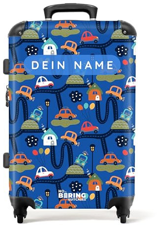 NoBoringSuitcases.com® Kinderkoffer Jungen, 67 cm - 72 L - Reisekoffer mit Rollen Groß - Hartschalenkoffer Groß - Koffer Autos - Koffer Personalisiert - Rollkoffer Blau Bunt