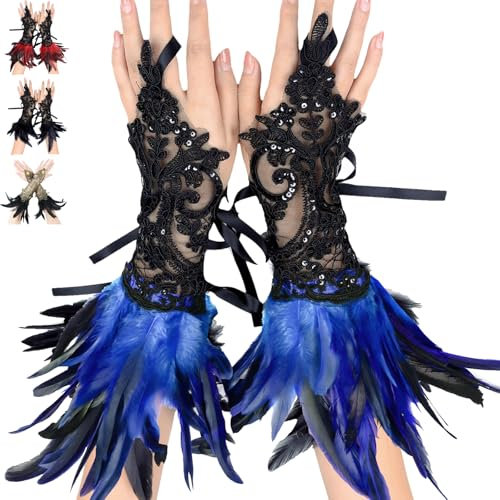 AUNGCSHE Spitze Feder Handschuhe, Feder Manschetten, Damen Feder Spitze Fingerlose, für Halloween Kostüm, Maleficent Kostüm Damen (Blau)