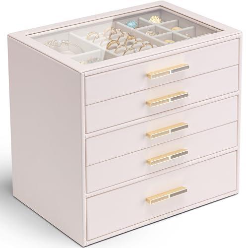 Vlando Jewellery Box for Women, Glass Lid Jewellery Organiser with 5 Drawers for Ring, Necklace, Earring, Bracelet,Gift for Women,Pink