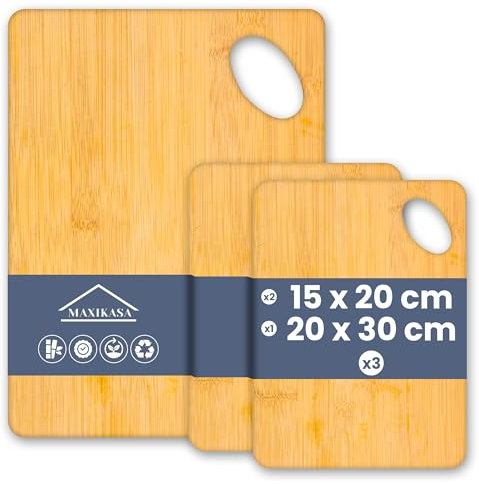 MAXIKASA - Tabla Cortar de Bambú | Pack de 3 uds | 2 Pequeñas y 1 Mediana (x2-20x15cm | x1-30x20cm) | Tabla de Alta Resistencia y Durabilidad | Apto para Cortar, Picar y Servir | Utensilios de Cocina.