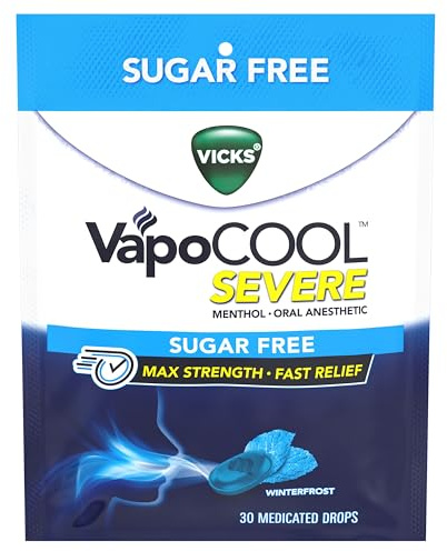 Vicks VapoCool Severe Sugar Free, Medicated Sore Throat Drops, Max Strength Menthol, Soothes Sore Throat Pain, Winterfrost Flavor, 30ct
