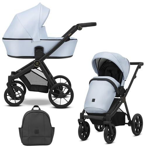Kunert BRAV 2 in 1 Kinderwagen Babywanne Sportsitz wendbar Aluminiumrahmen leicht Komfort Design Regenschutz Moskitonetz Flaschenhalter Rucksack (Baby Blue EcoSchwarz)