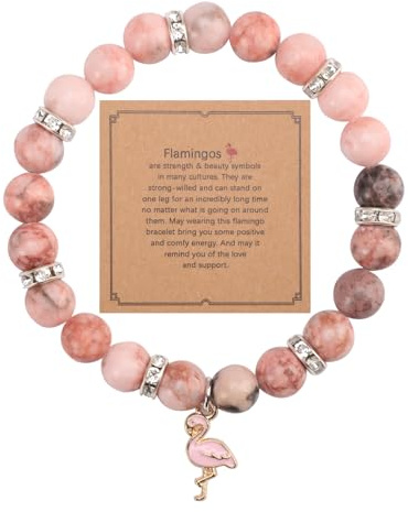 Mikovivi Bracelet Flamant Rose, Bracelets en Perles de Pierre avec Pendentifs Flamant Rose Tendance Bracelet de Bijoux Flamant Rose Cadeau de Bijoux pour Femme