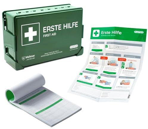 Betriebsverbandkasten nach Neuer DIN 13157:2021 mit Wandhalterung - gemäß ASR - Verbandskasten - Erste-Hilfe-Kasten - FLEXEO Koffer für Betriebe - Wandmontage - First aid (Komplettpaket Basic Plus)