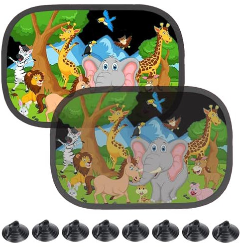 2 Pezzi Parasole Auto Bambini 44 x 36cm,Tendine Parasole Auto Bambini con 8 Ventose,110g/m2 Universali Parasole Auto 99% Dai Raggi UV - Design Neonati E Bimbi(Zoo)