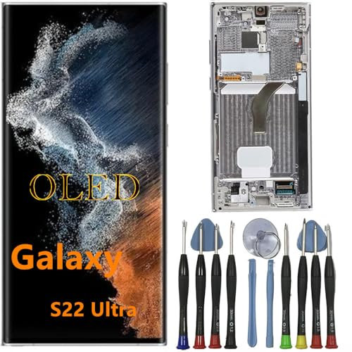 OLED Galaxy S22 Ultra Bildschirm Ersatz für Samsung S22ultra Display Touchscreen Digitizer Montage SM-S908B SM-S908B/DS LCD Unterstützung Fingerabdruck und S-Pen (Weißer Rahmen+Reparaturwerkzeuge)