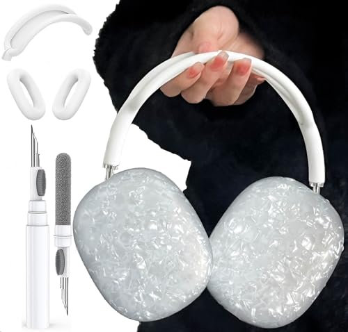 Custodia per cuffie AirPods Max con glitter per ragazze, con penna pulente, in morbido TPU, copriauricolari, fascia protettiva in silicone per accessori Apple Air Pod Max, colore bianco