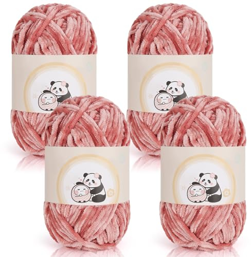 Aeelike 400g(4 x 100g) Fil Chenille à Tricoter, Soft Chunky Fil Chenille Crochet, Velvet Pelote Laine Grosse Maille Moelleuse pour le Crochet, Lot Pelote de Laine pour Echarpes, Couvertures, Cuir Rose