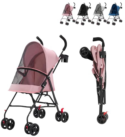 XUANYU Poussette Animaux de Compagnie avec Porte-gobelet, Voyages Transporteur pour Petits Chien Chat, Pliable Portable Landau pour Animaux, Jusqu'à 15 kg (Rose)