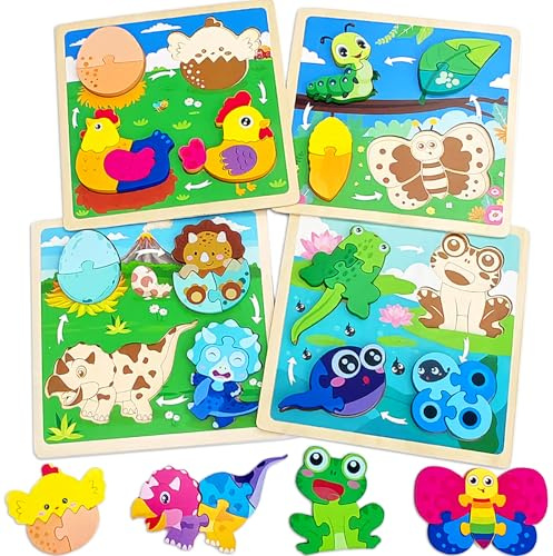 Gdbykds Kinder Lebenszyklus Puzzle, Holzpuzzle für Kleinkinder von 1-3 Jahren, Montessori Spielzeug 1 2 3 Jahre, Lernendes Pädagogisches Holzpuzzle-Spielzeug, Geschenk für Kleinkinder - 4er-Pack