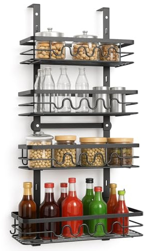 Thrink Over Door Pantry Organiser – 4 Tier Adjustable Storage Rack with Removable Baskets – Heavy Duty Metal Hanging Door & Wall Mount Spice Rack for Kitchen, Bathroom, or Utility Room – Space Saving