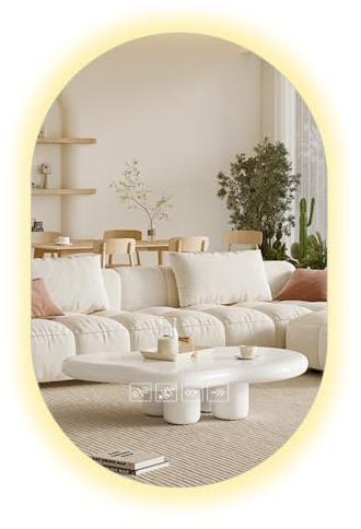 Yelyee Doppelgewölbter Badspiegel mit Beleuchtung und Bluetooth 50x70 cm, Dimmbar LED Spiegel mit Beleuchtung, DREI Farbtemperaturen, Touch-Schalter, Anti-Beschlag-Funktion, Timer-Einstellung
