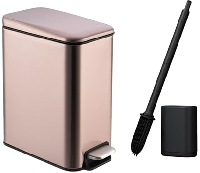 Bathroom Bin with Loo Brush Set, 5L Rectangular Rose Gold Stainless Steel | Slim Rectangle Pedal Bin with Removable Inner Bucket & Soft-Close Lid. Stays Open. Ideal for Living Room, Bedroom & Kitchen.