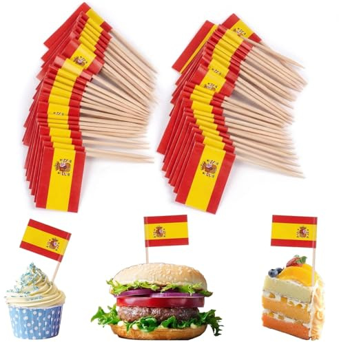 HOMAVEL Banderas de Palillos España 2026-100Pcs Banderitas para Comida de España - Palillos con Banderas Españolas para Tapas, Canapés, Cócteles, Tartas y Fiestas