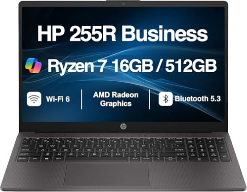 HP 255R G10 Business Laptop 2026, display FHD da 15,6 (AMD Ryzen 7 7735U 2,70 GHz, (Beats Ryzen 7 7730U), DDR5 da 16 GB, SSD PCIe da 512 GB, tastiera numerica, Wi-Fi 6, webcam, Bluetooth 5.3, Win 11