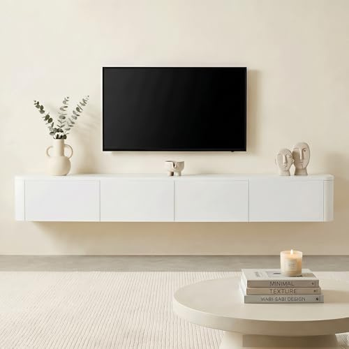 Songvas Mueble TV Flotante de Madera, Estante para TV Montado en Pared con Puerta, 140 × 24 × 20 cm，MDF, con Luz LED y Almacenamiento, Estilo Moderno, Blanco, para Salón y Dormitorio