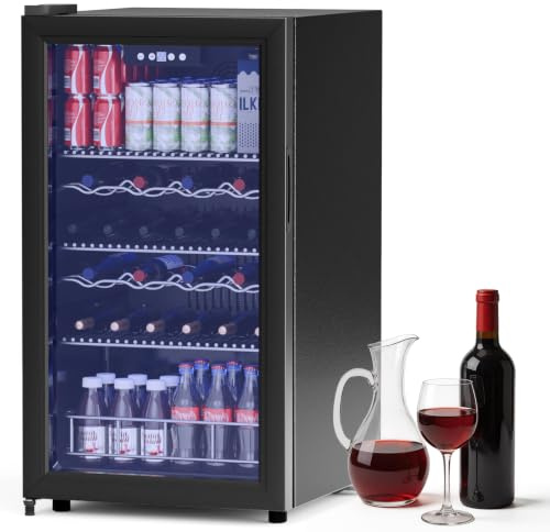 LUMENOX 108L Under Counter Fridge, UV-Protected Double Tempered Glass Door,Drinks Fridge with Digital Display (4°C to16°C), Blue Soft Glow, for for Home Bar, Kitchen & Office