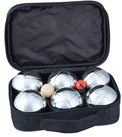 Relaxdays 4 x Boule Set, 24 Boccia Kugeln aus Metall, 4 x Zielkugel & Abstandsmesser, Petanque mit Tragetasche, Silber/schwarz