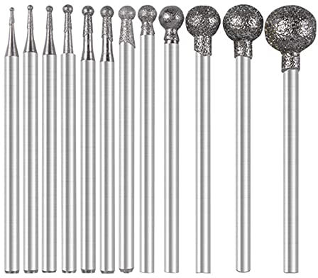 12Pieces/Set Ball Sphere Head Diamond Burr Engraving Bits Point Carving Polishing Burr Engraving Bits for DIY Woodworking Engraving Metal Carving Drilling Polishing of 12 Burr Sizes 0.5MM-8MM