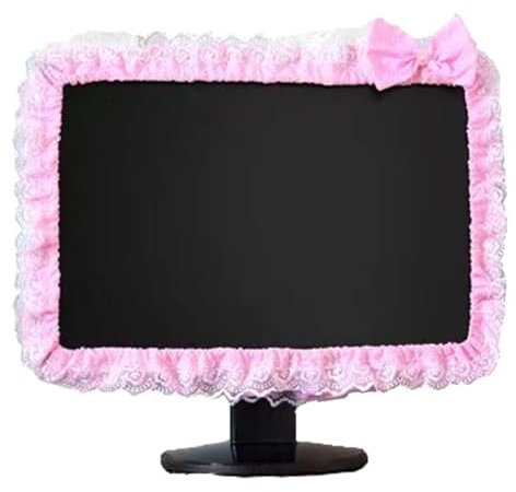 Computer-Monitor-Abdeckung mit niedlichem, niedlichem, elastischem Stiftfach, Schleife für TV-LCD-Bildschirm, Dekoration, Staubschutz, Spitzenstoff (68 - 66 cm, Rosa)