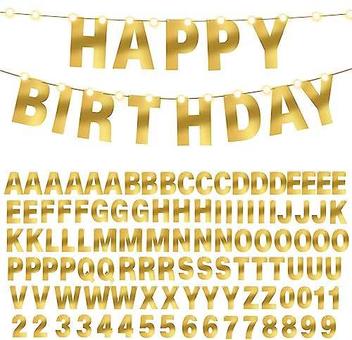 TaoBary 112-teiliges DIY-Buchstaben-Banner, Glitzer, personalisierbar, mit 107 Buchstaben und Zahlen, 3 Seilen für Valentinstag, Geburtstag, Party (helles Gold)