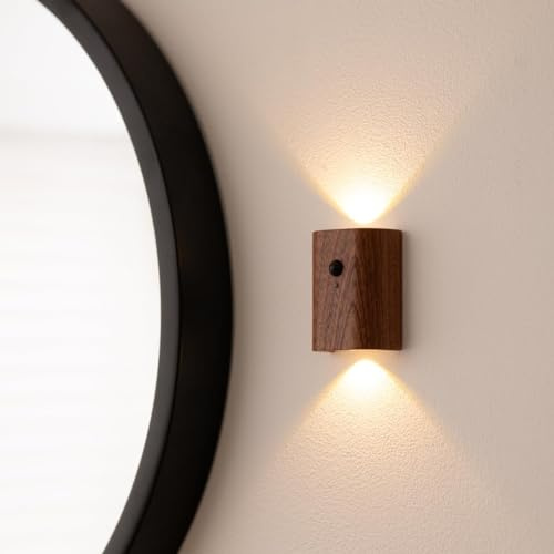 Auraglow Wiederaufladbare Holz Wandleuchten Sapeli, Bewegungsmelder, 4er | USB C PIR Nachtlampe, kabellose Magnet Montage, automatisches Licht für Flur, Treppe, Eingang und Schlafzimmer