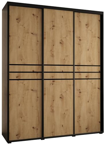 MEBLE KRYSPOL Davos 10 200 Schrank mit DREI Schiebetüren für Schlafzimmer - Moderner Aufbewahrungsschrank mit Kleiderstange und Regalen - 235,2x200x60 cm - Schwarz Artisan Schwarz