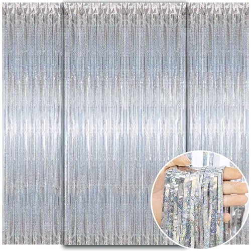 WD&CD Lametta Vorhänge Silber，3 Stück 1x2m Metallische Glitzervorhang Fringe, Glitzer Folien Fransen für Party Deko, Geburtstag Deko, Hochzeit Deko, Happy Birthday Deko, Baby Shower Deko